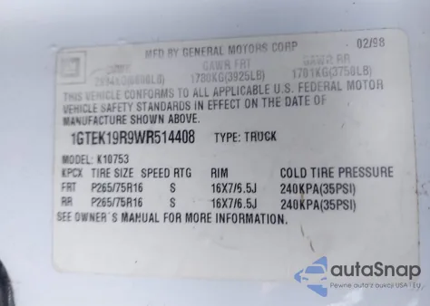 1998 GMC Sierra 1500 Sl Wideside from USA, damaged, VIN 1GTEK19R9WR514408